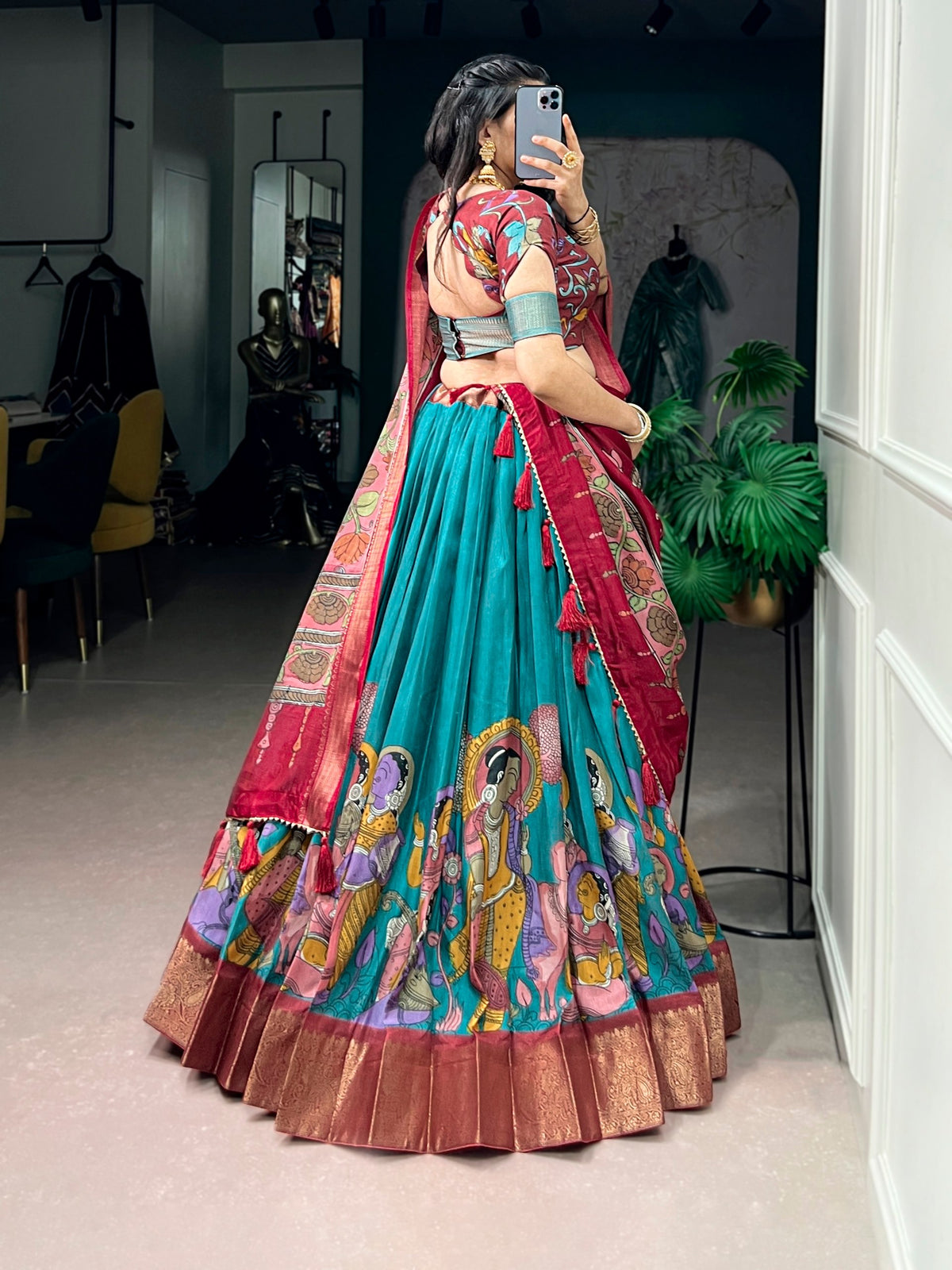 Teal Kalamkari Printed Dola Silk Lehenga Choli Set with Tassel Dupatta