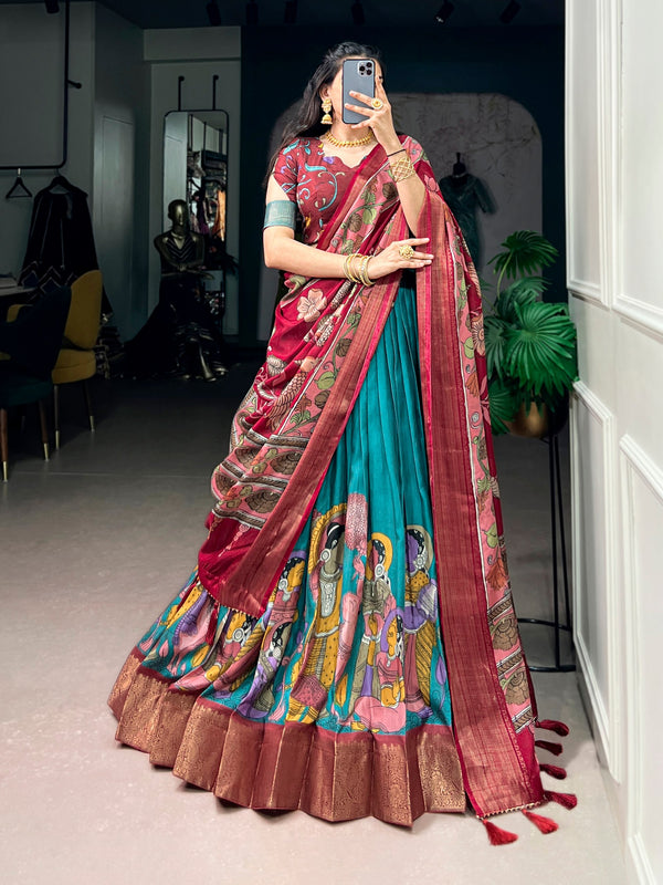 Teal Kalamkari Printed Dola Silk Lehenga Choli Set with Tassel Dupatta