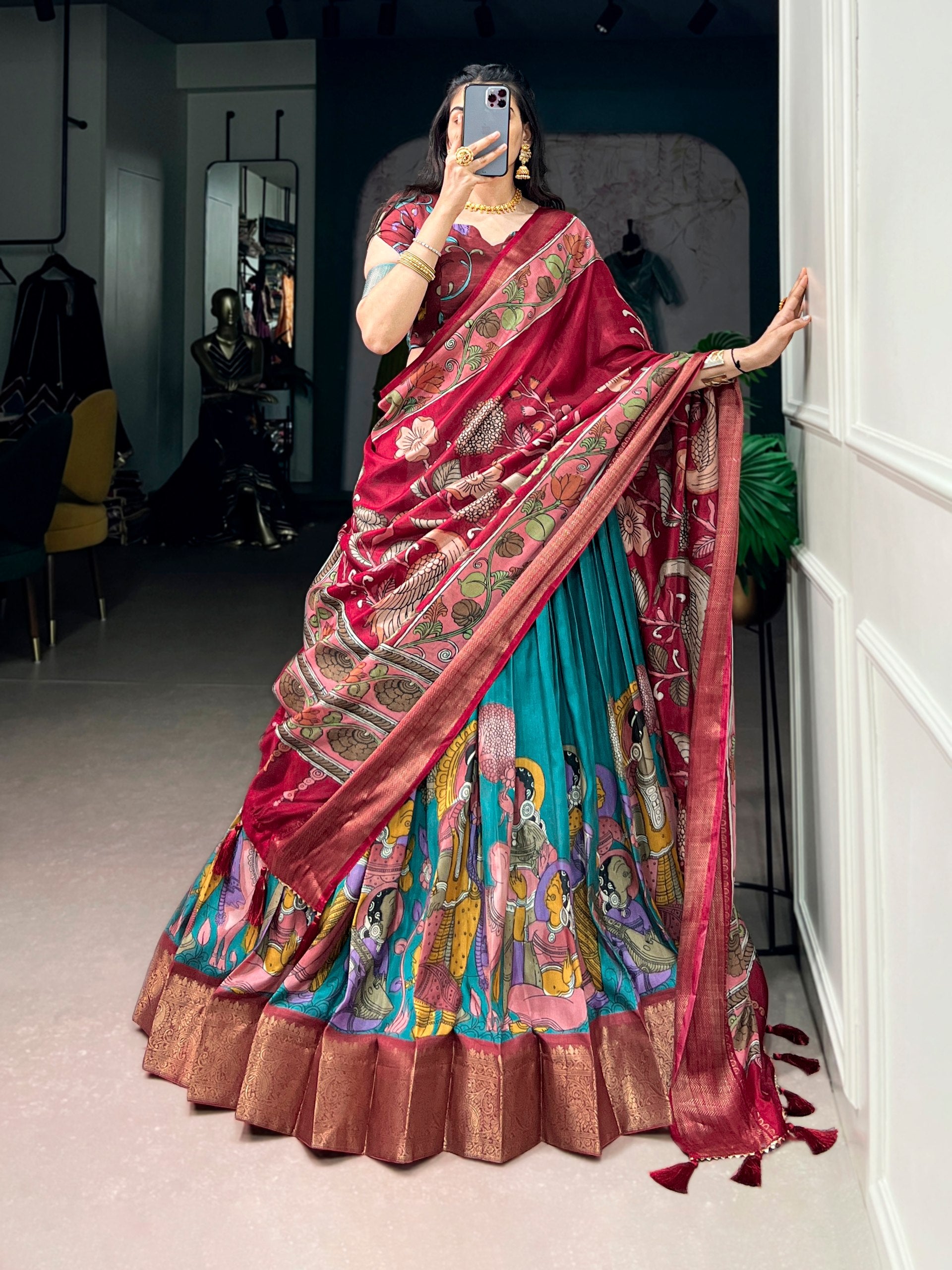 Teal Kalamkari Printed Dola Silk Lehenga Choli Set with Tassel Dupatta