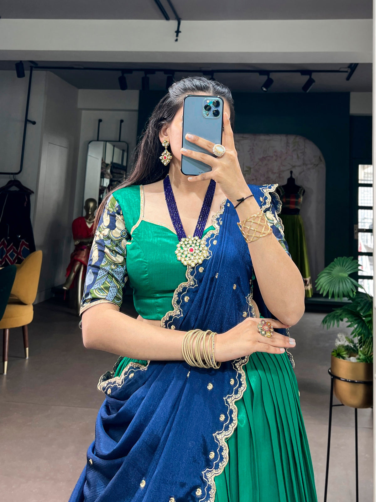 Teal Kalamkari Printed Tasar Silk Lehenga Choli Set with Embroidered Chinon Dupatta