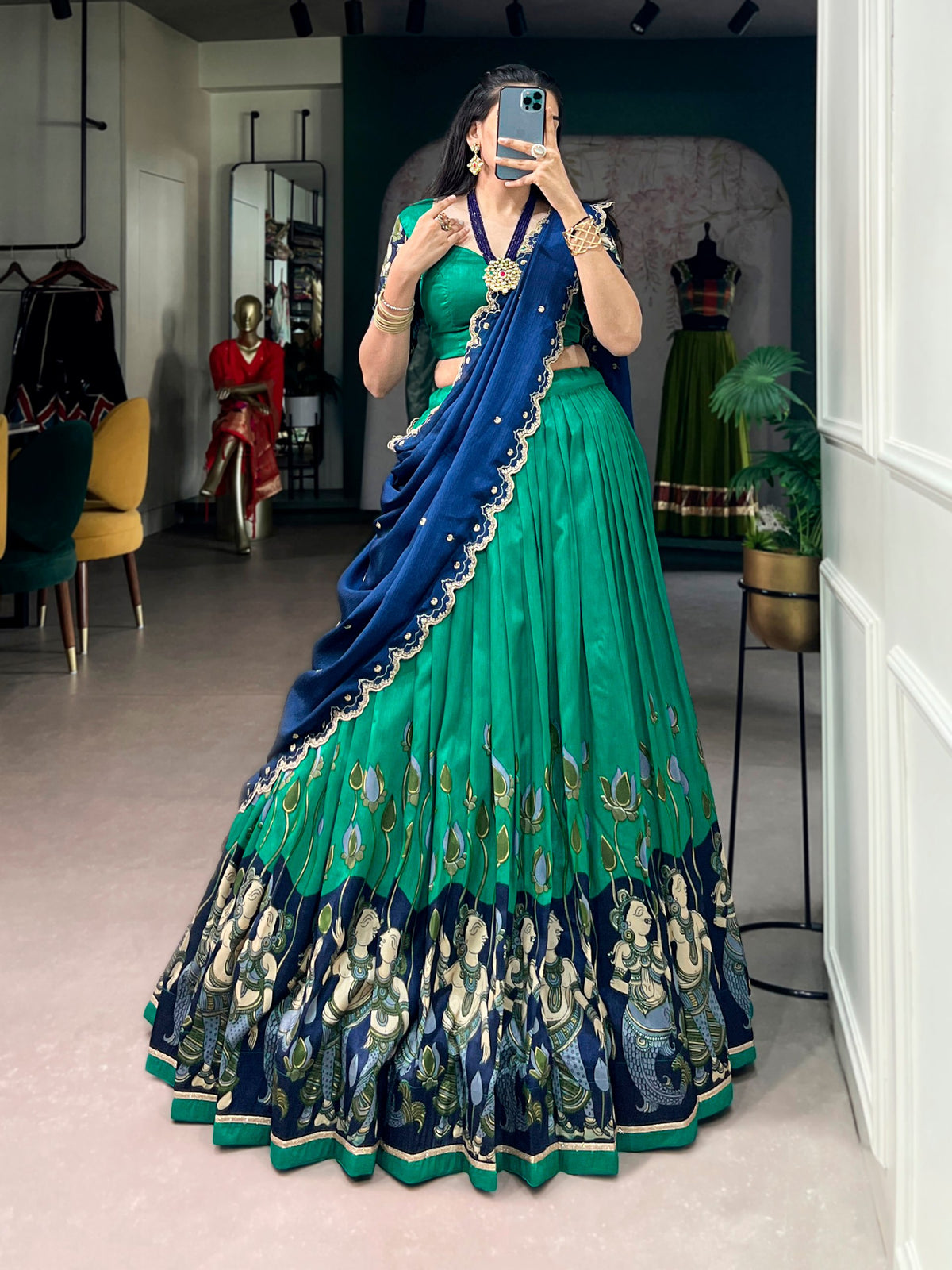 Teal Kalamkari Printed Tasar Silk Lehenga Choli Set with Embroidered Chinon Dupatta