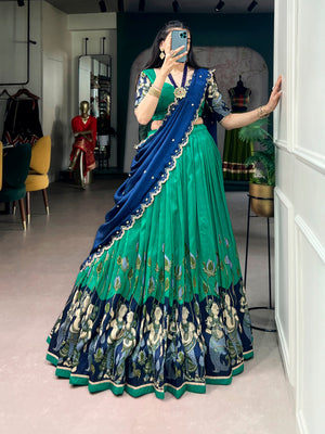 Teal Kalamkari Printed Tasar Silk Lehenga Choli Set with Embroidered Chinon Dupatta