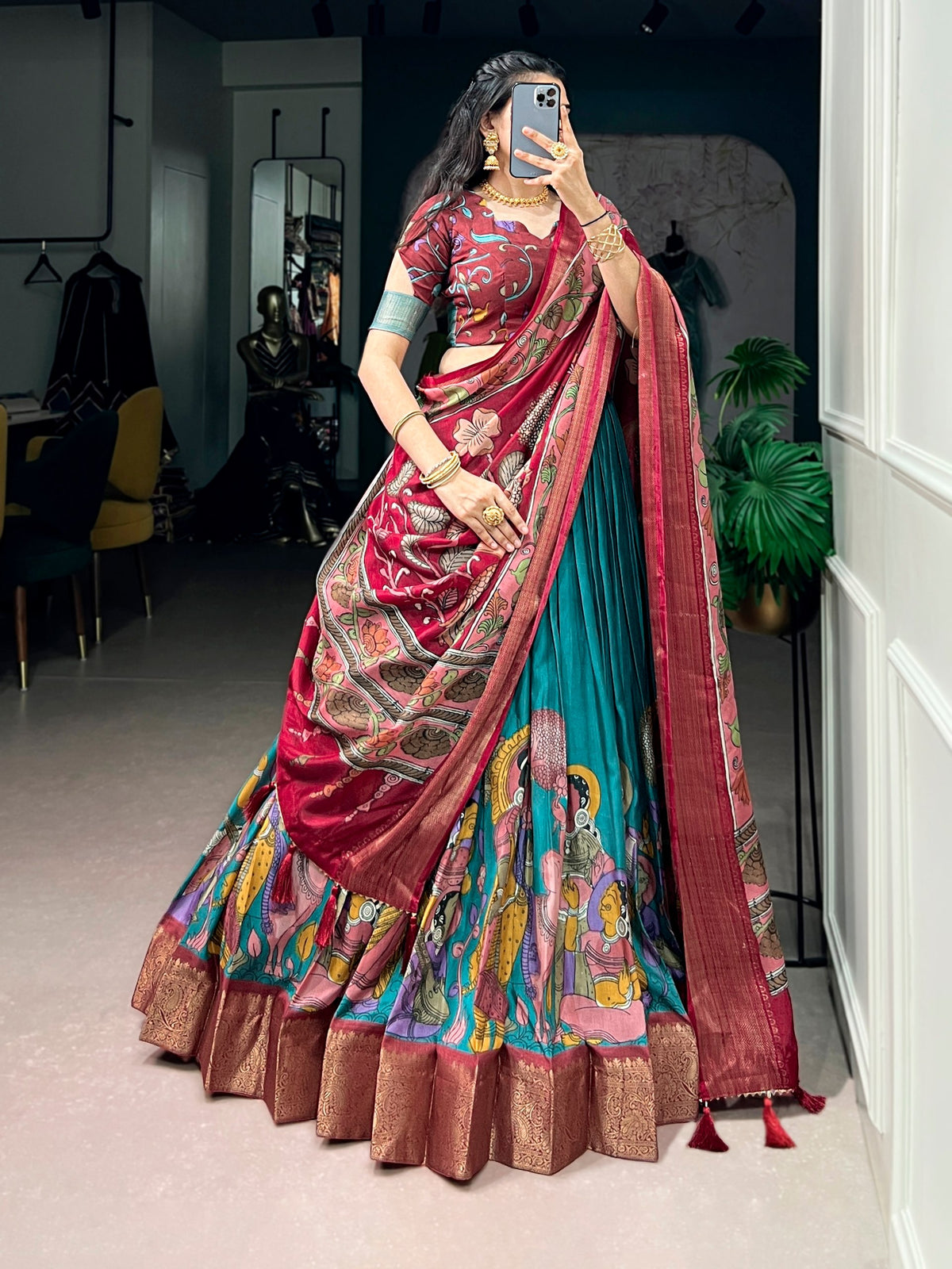 Teal Kalamkari Printed Dola Silk Lehenga Choli Set with Tassel Dupatta