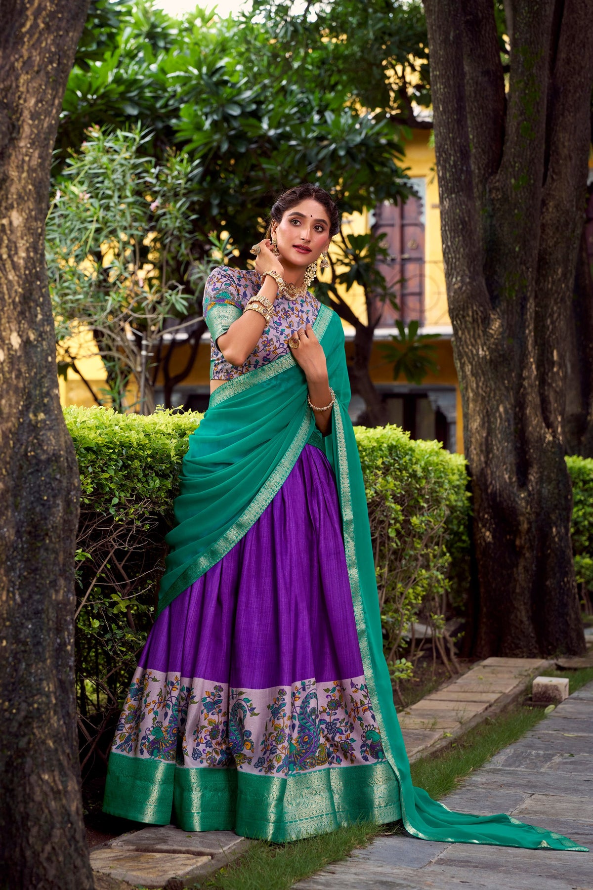 Teal Printed Aastha Silk Lehenga Choli Set with Stitched Blouse