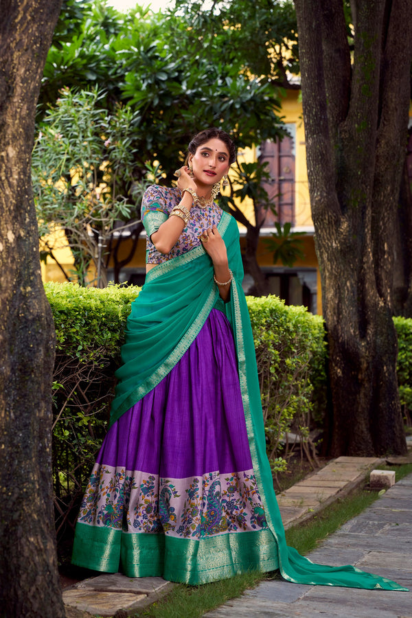 Teal Printed Aastha Silk Lehenga Choli Set with Stitched Blouse