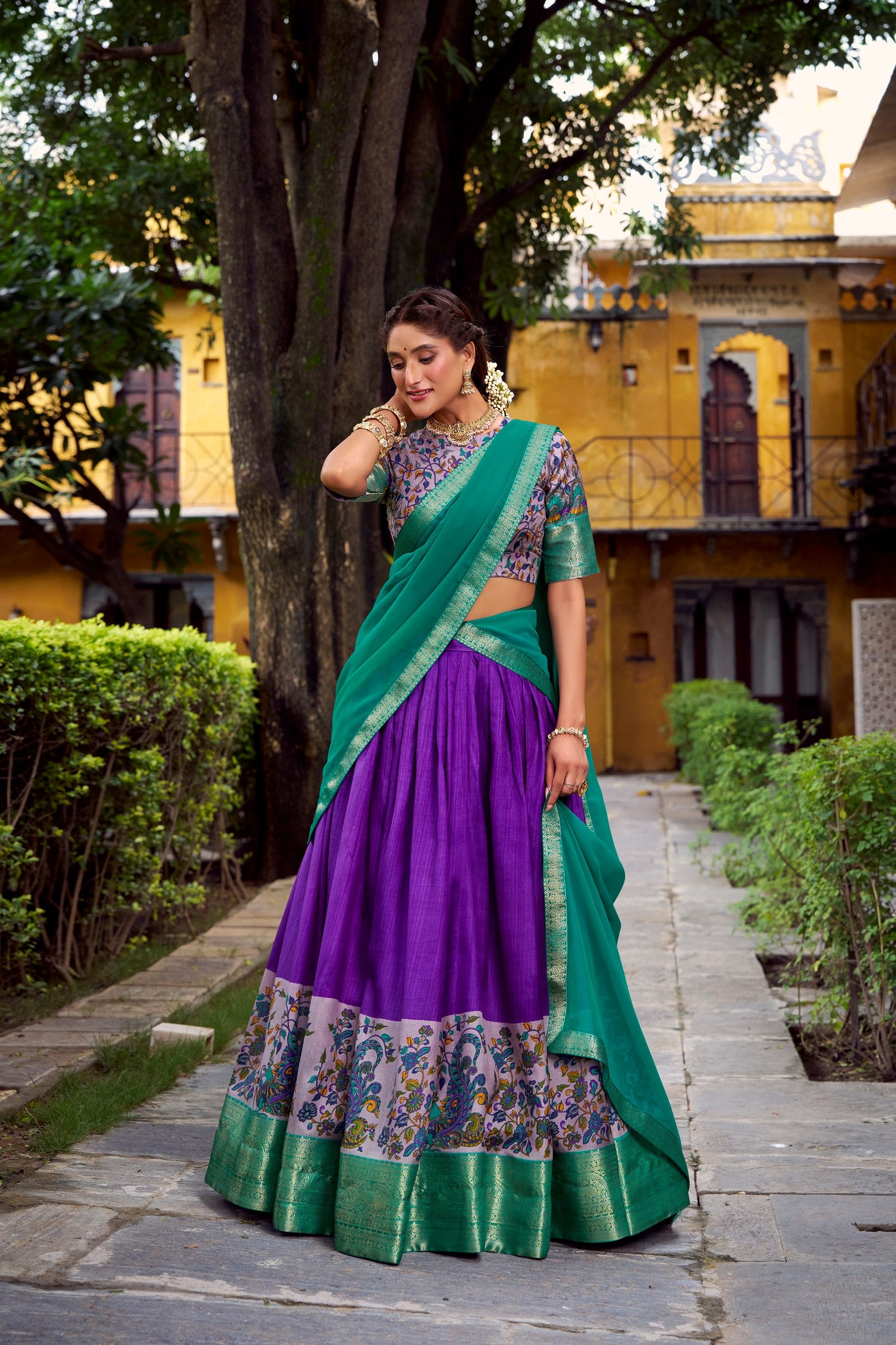 Teal Printed Aastha Silk Lehenga Choli Set with Stitched Blouse