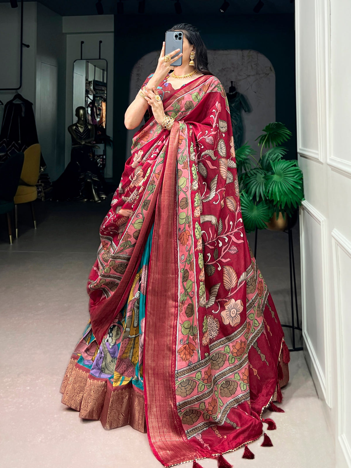 Teal Kalamkari Printed Dola Silk Lehenga Choli Set with Tassel Dupatta