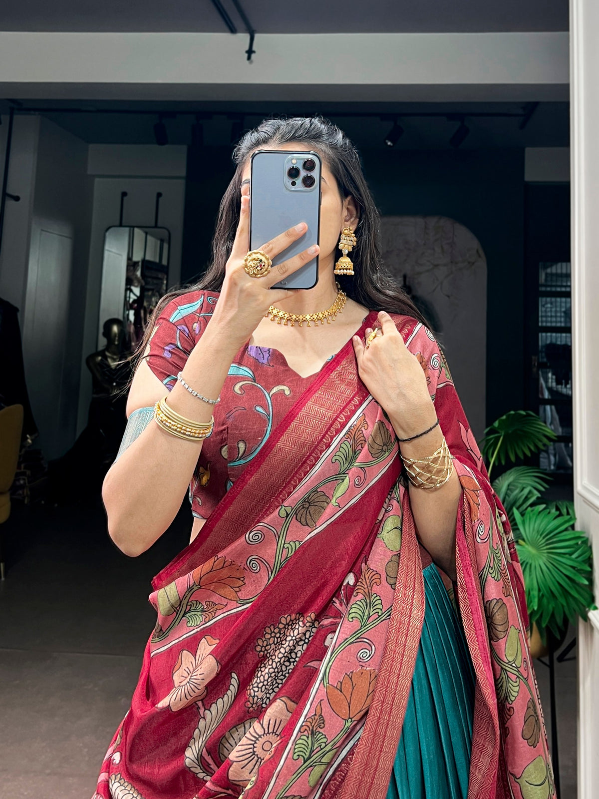Teal Kalamkari Printed Dola Silk Lehenga Choli Set with Tassel Dupatta