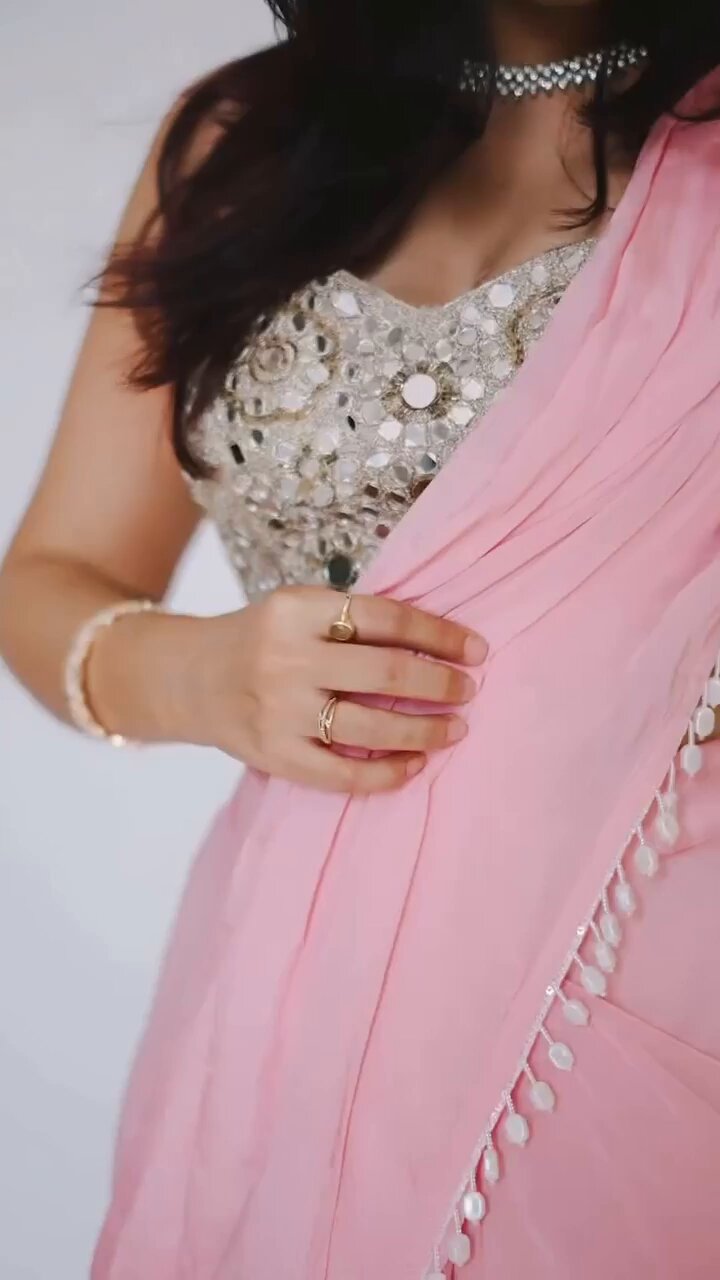Moss Celfon Baby Pink Saree with Tassels and Mirror Work Zari Embroidered Blouse