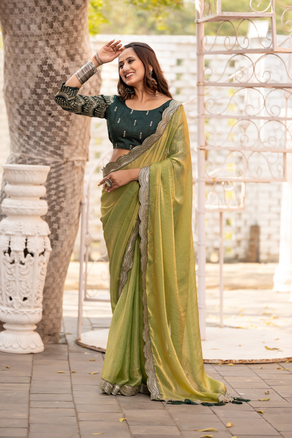 Fendy Satin Silk Saree with Ornate Zari Embroidery Cutwork Border and Designer Blouse