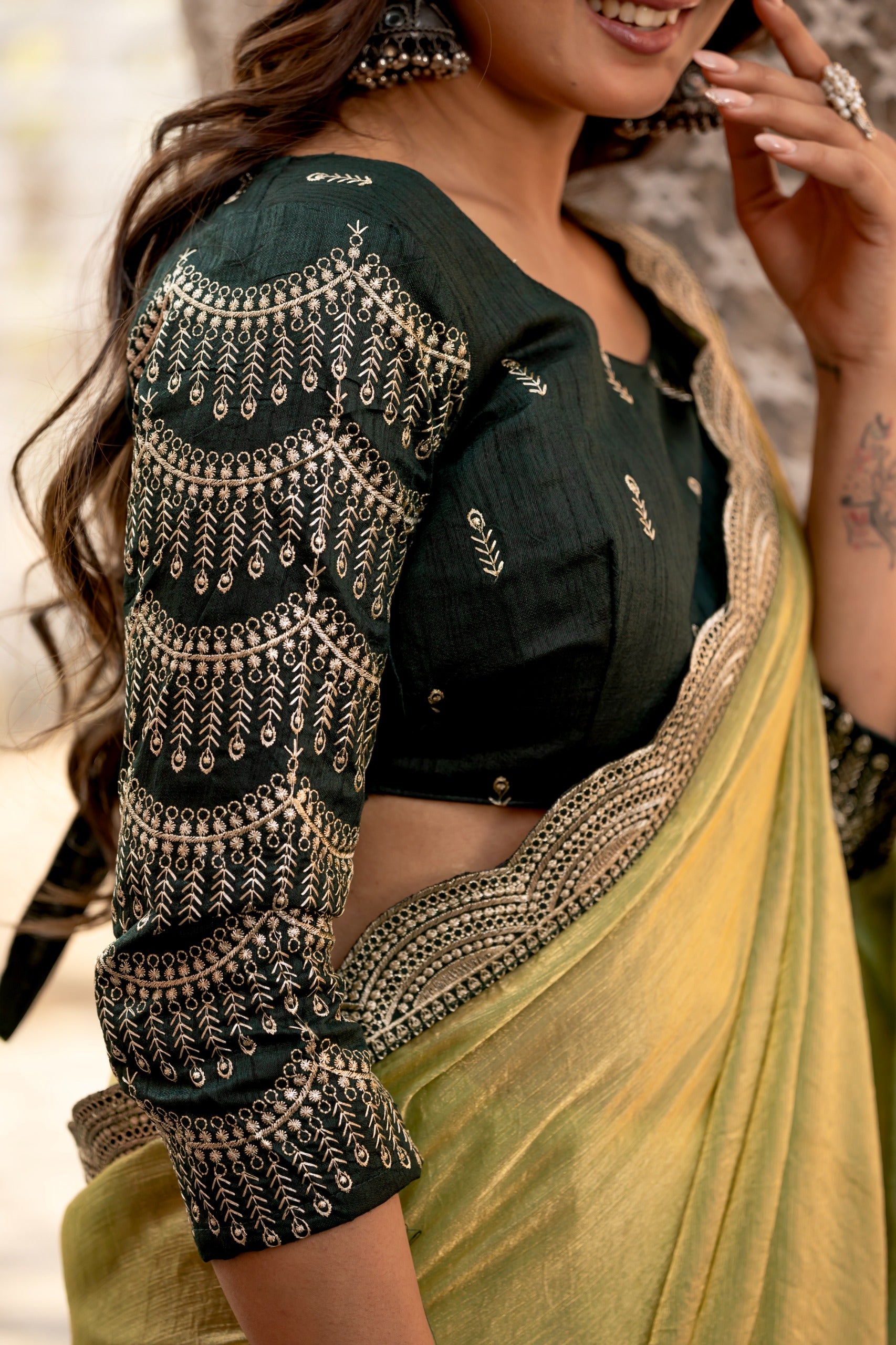 Fendy Satin Silk Saree with Ornate Zari Embroidery Cutwork Border and Designer Blouse