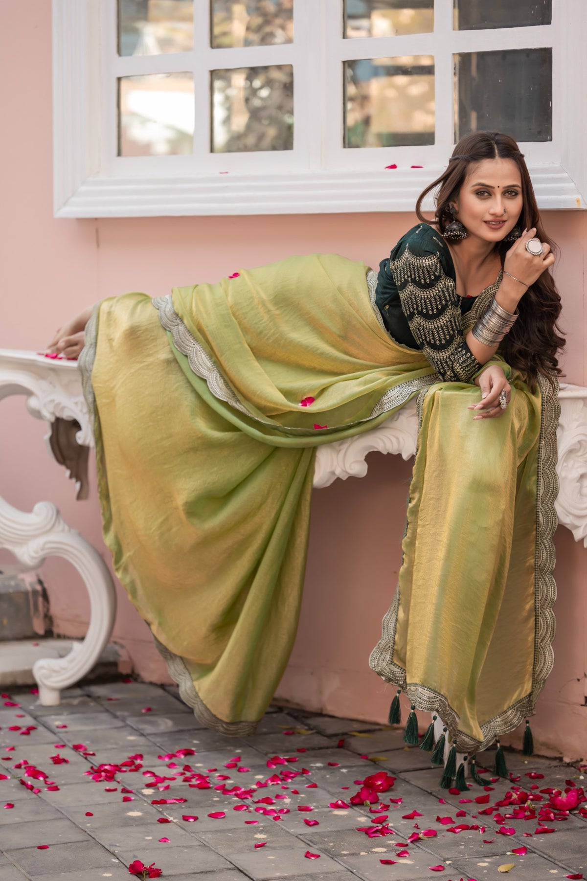 Fendy Satin Silk Saree with Ornate Zari Embroidery Cutwork Border and Designer Blouse