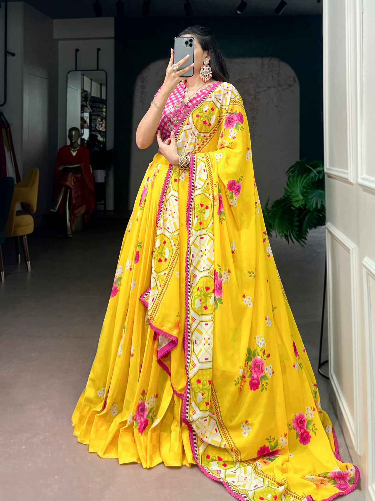 Yellow Floral Printed Georgette Lehenga Choli Set with Handwork Blouse