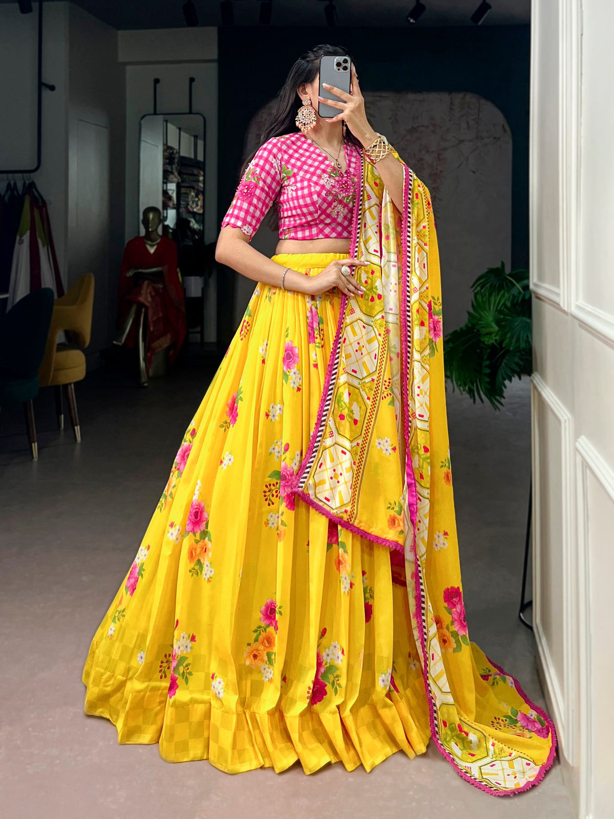 Yellow Floral Printed Georgette Lehenga Choli Set with Handwork Blouse