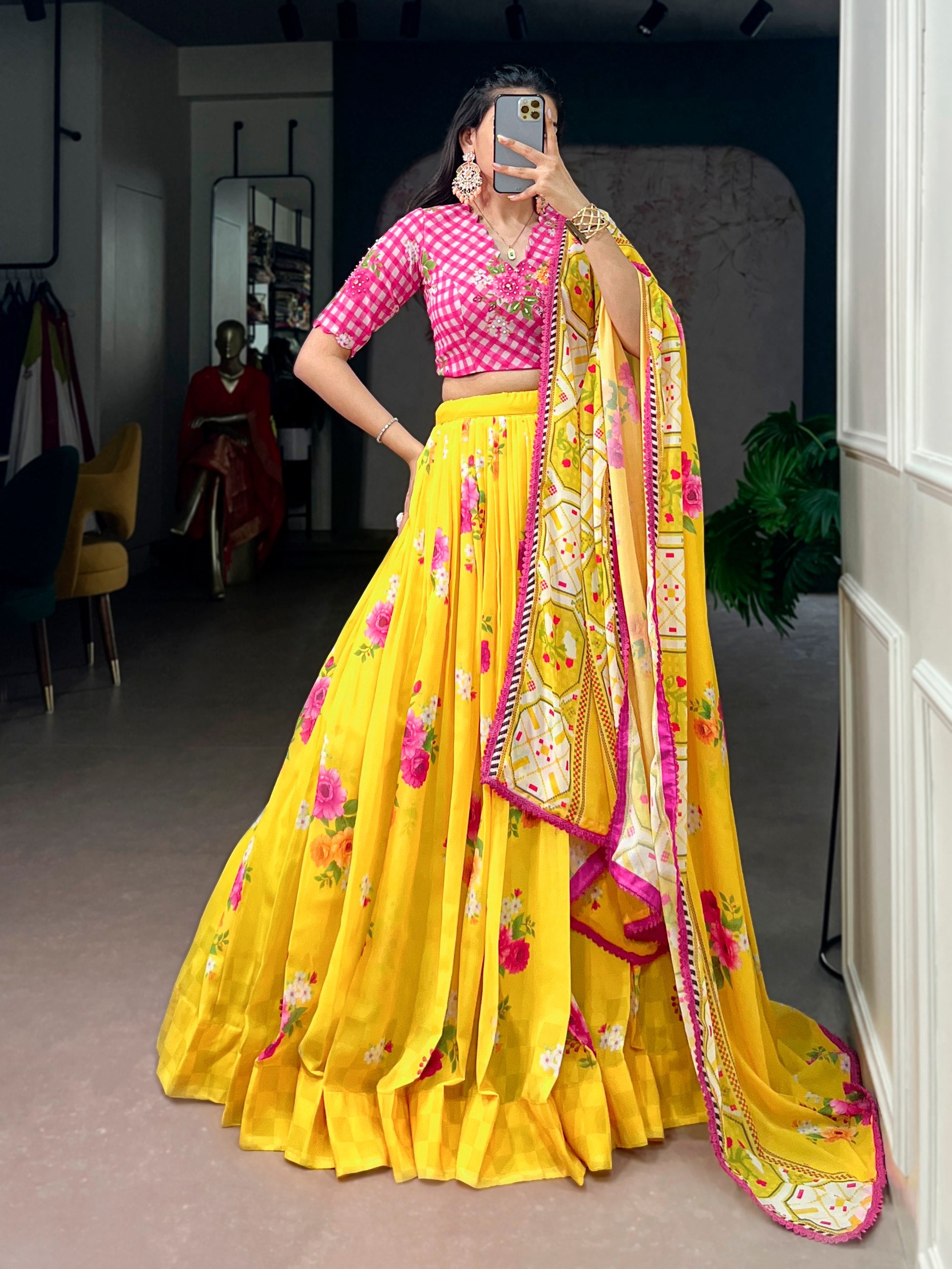 Yellow Floral Printed Georgette Lehenga Choli Set with Handwork Blouse