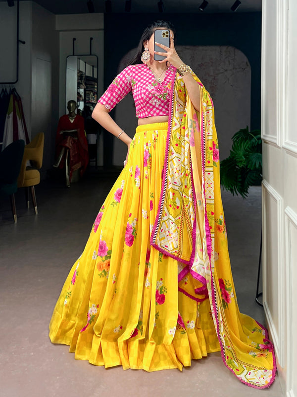 Yellow Floral Printed Georgette Lehenga Choli Set with Handwork Blouse