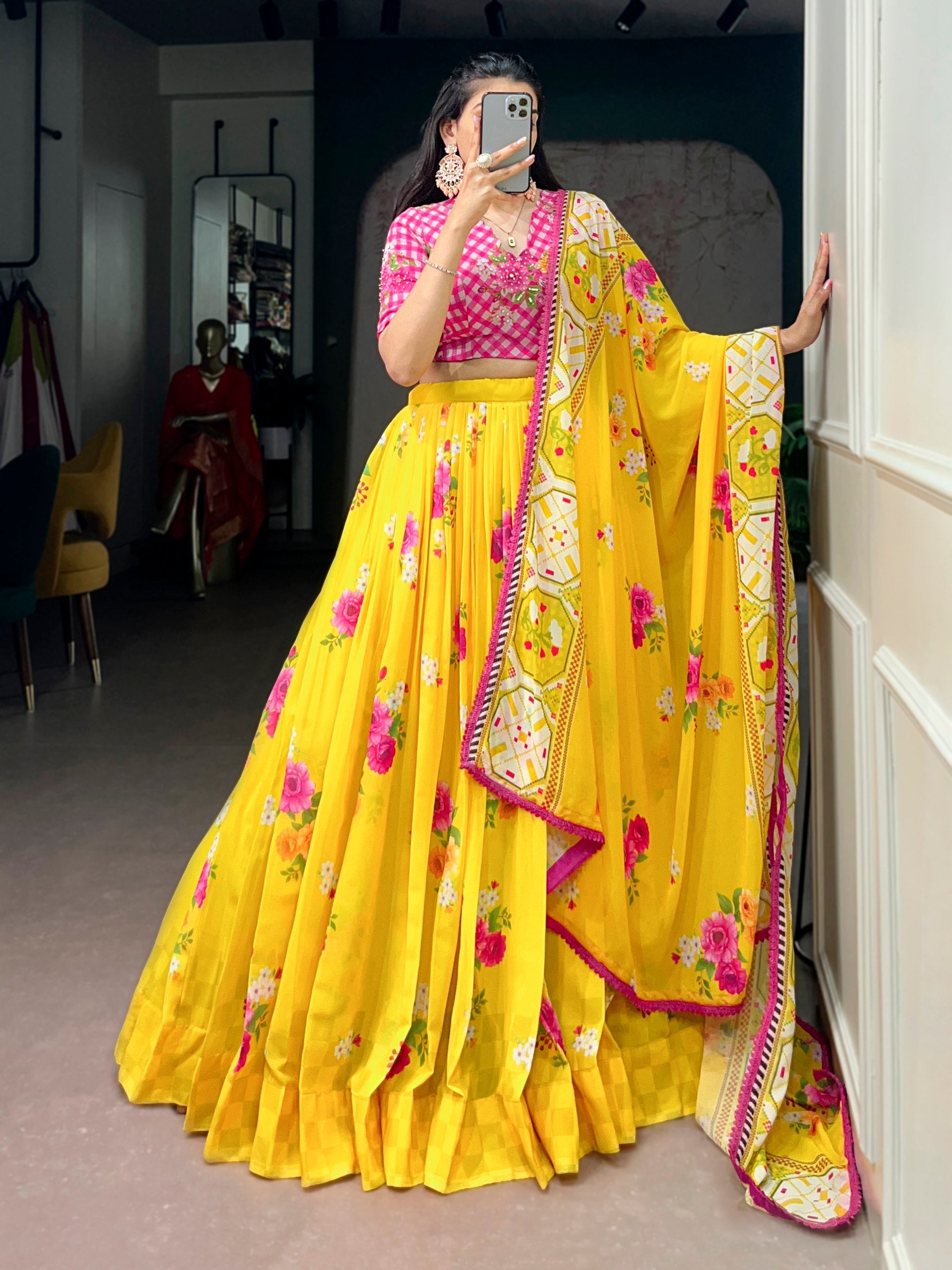 Yellow Floral Printed Georgette Lehenga Choli Set with Handwork Blouse