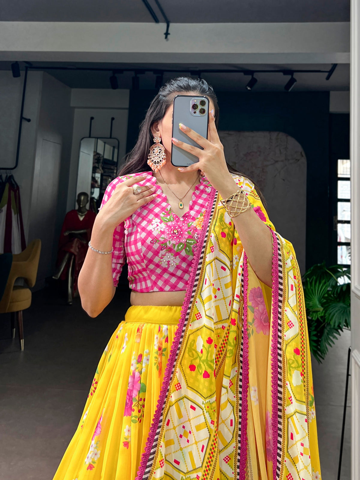 Yellow Floral Printed Georgette Lehenga Choli Set with Handwork Blouse