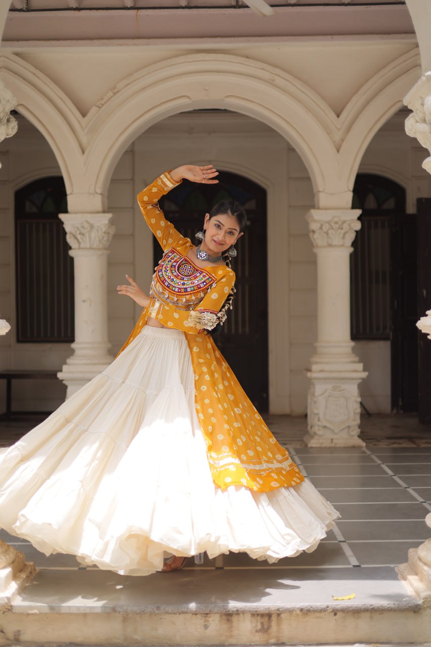 Designer Kora Cotton Lehenga with Bandhani Print Faux Georgette Kurti