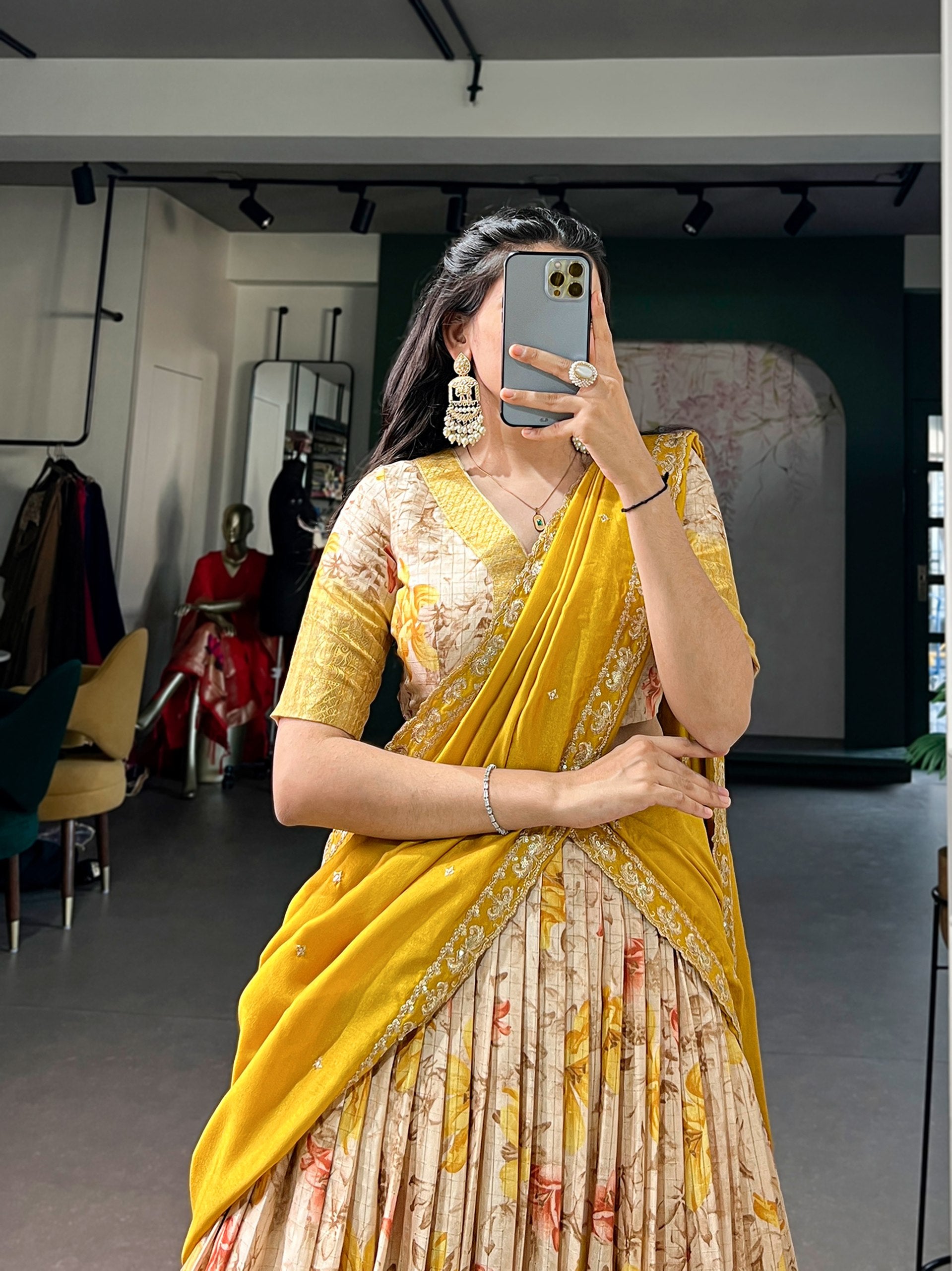 Yellow Floral Printed Dola Chex Lehenga Choli Set with Embroidered Dupatta