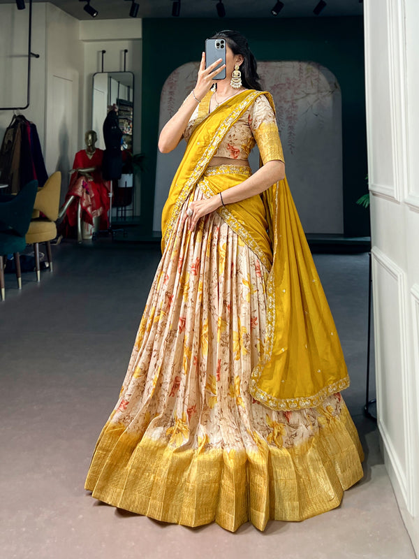 Yellow Floral Printed Dola Chex Lehenga Choli Set with Embroidered Dupatta