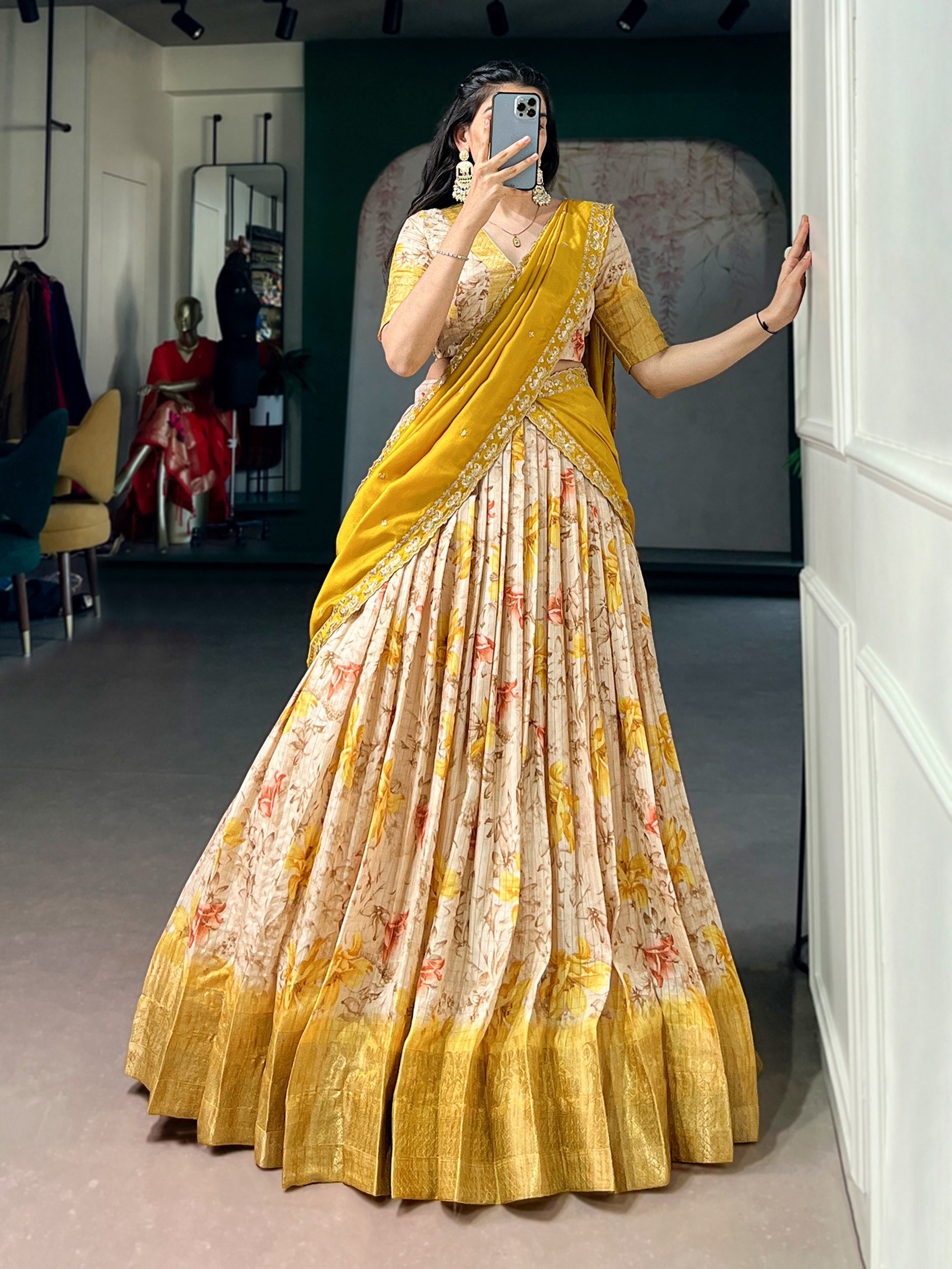 Yellow Floral Printed Dola Chex Lehenga Choli Set with Embroidered Dupatta