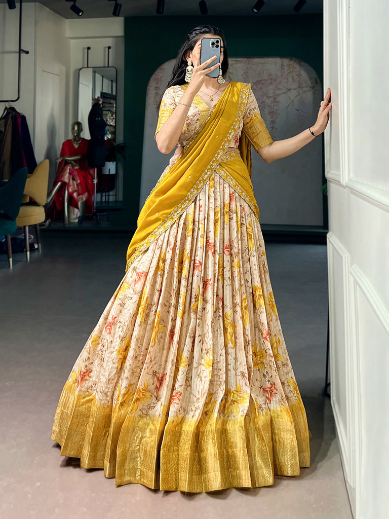 Yellow Floral Printed Dola Chex Lehenga Choli Set with Embroidered Dupatta