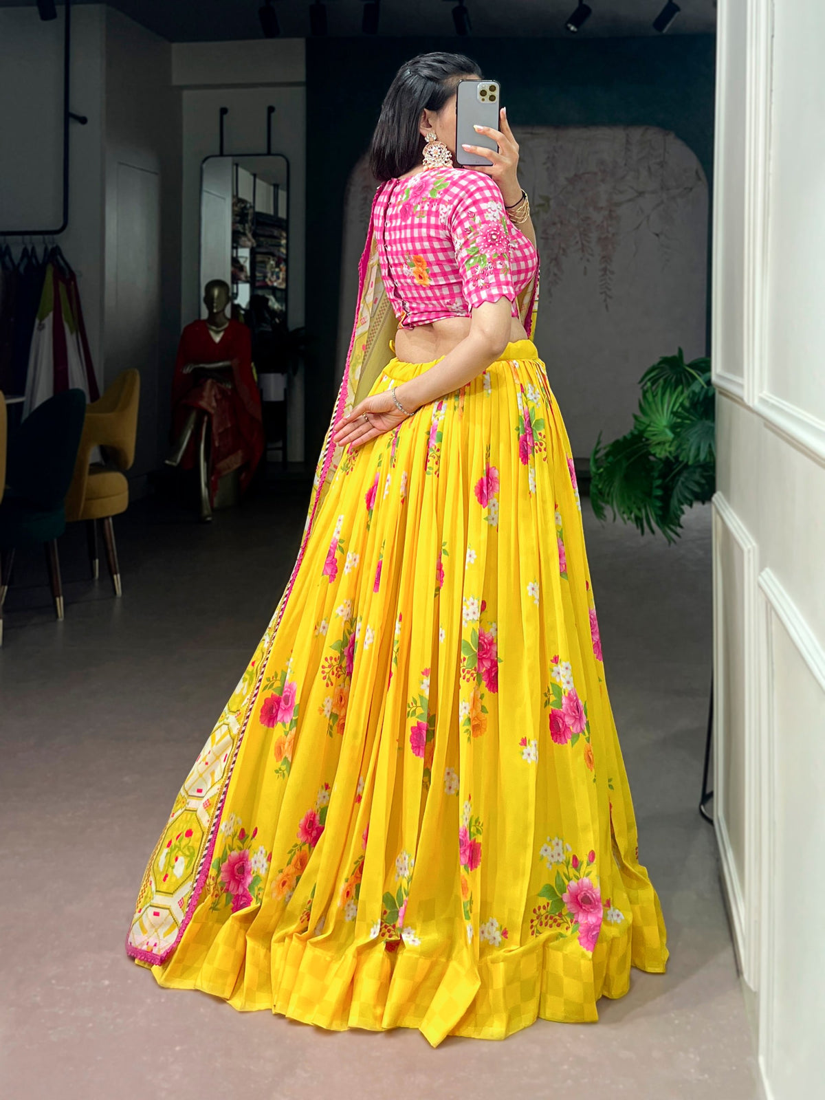 Yellow Floral Printed Georgette Lehenga Choli Set with Handwork Blouse