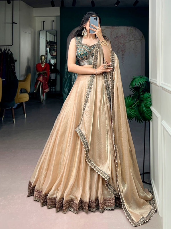 Zariya Muse Beige Fendi Lehenga Choli Set with Emerald Embroidered Blouse