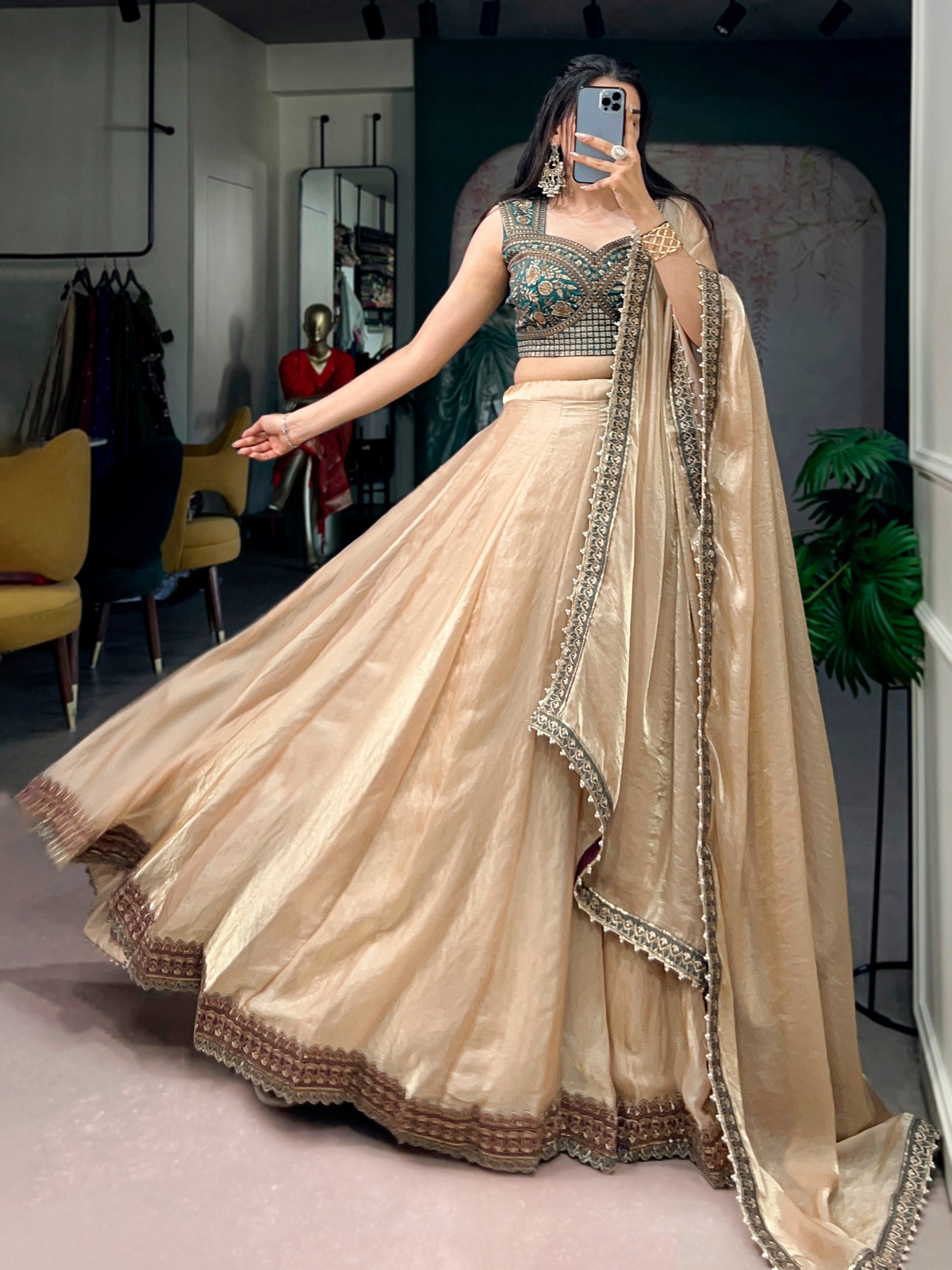 Zariya Muse Beige Fendi Lehenga Choli Set with Emerald Embroidered Blouse