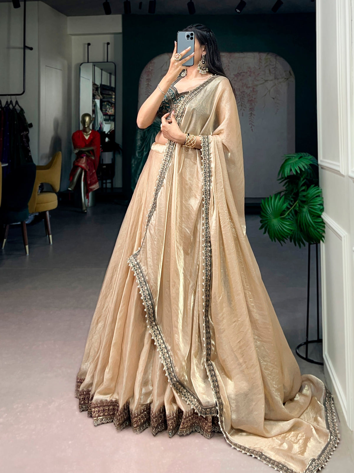 Zariya Muse Beige Fendi Lehenga Choli Set with Emerald Embroidered Blouse
