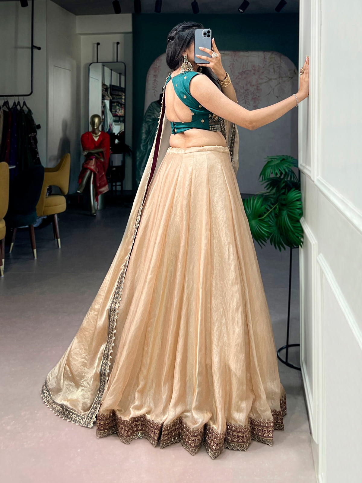Zariya Muse Beige Fendi Lehenga Choli Set with Emerald Embroidered Blouse