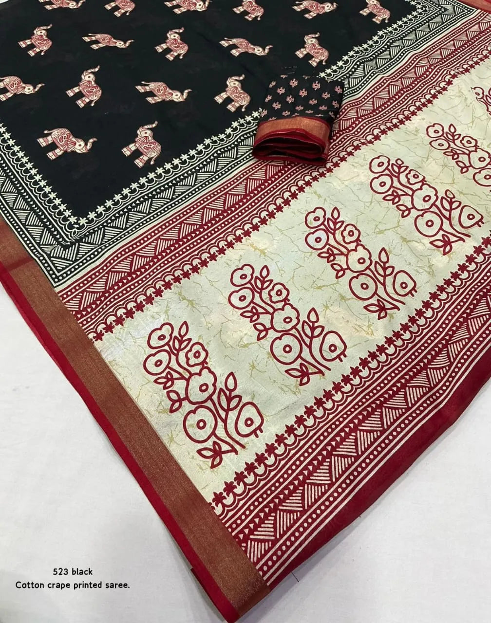 black ajrakh print sari