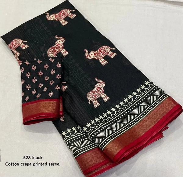 Black Kadambari Elephant Print Cotton Crepe Saree
