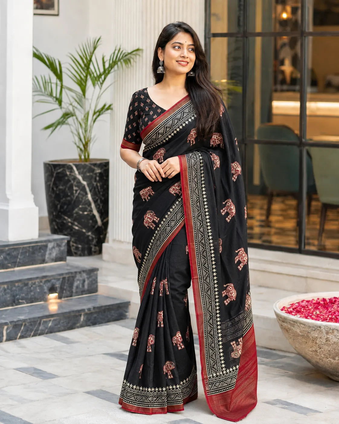 Black Kadambari Elephant Print Cotton Crepe Saree