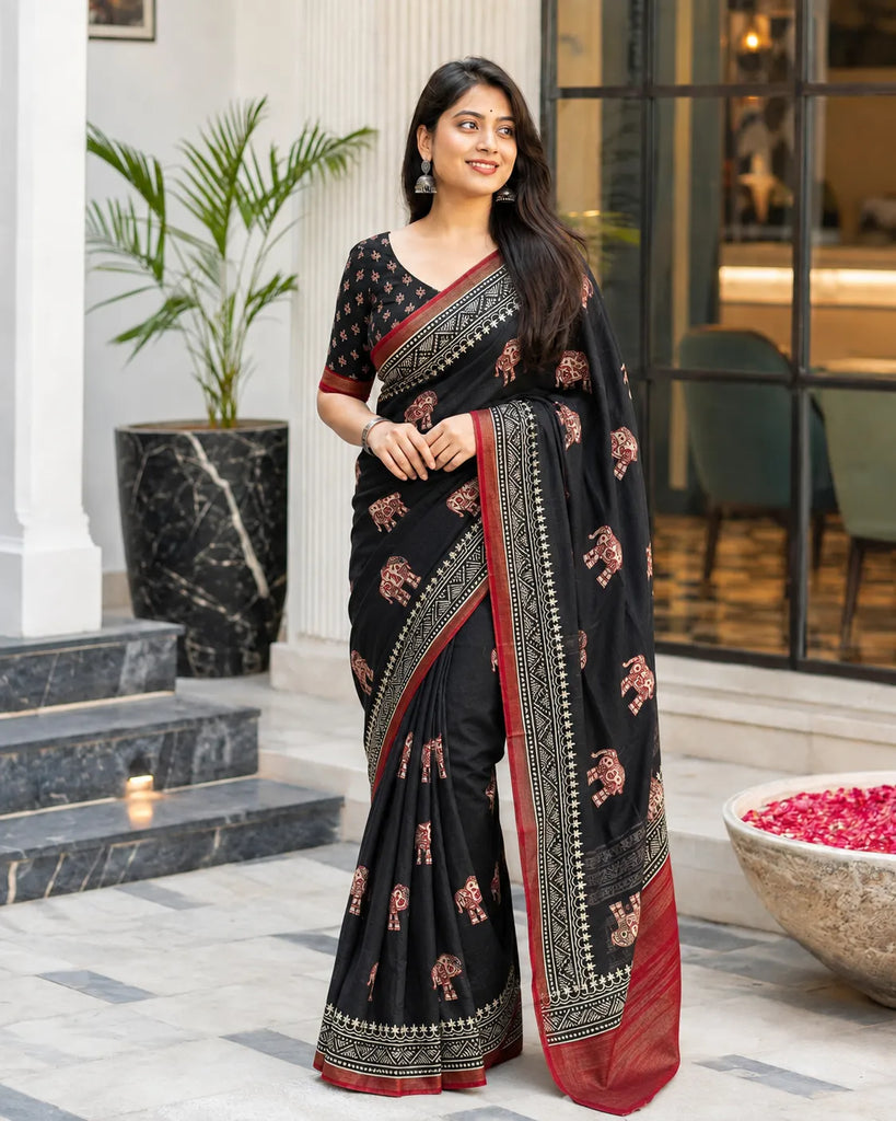 Black Kadambari Elephant Print Cotton Crepe Saree