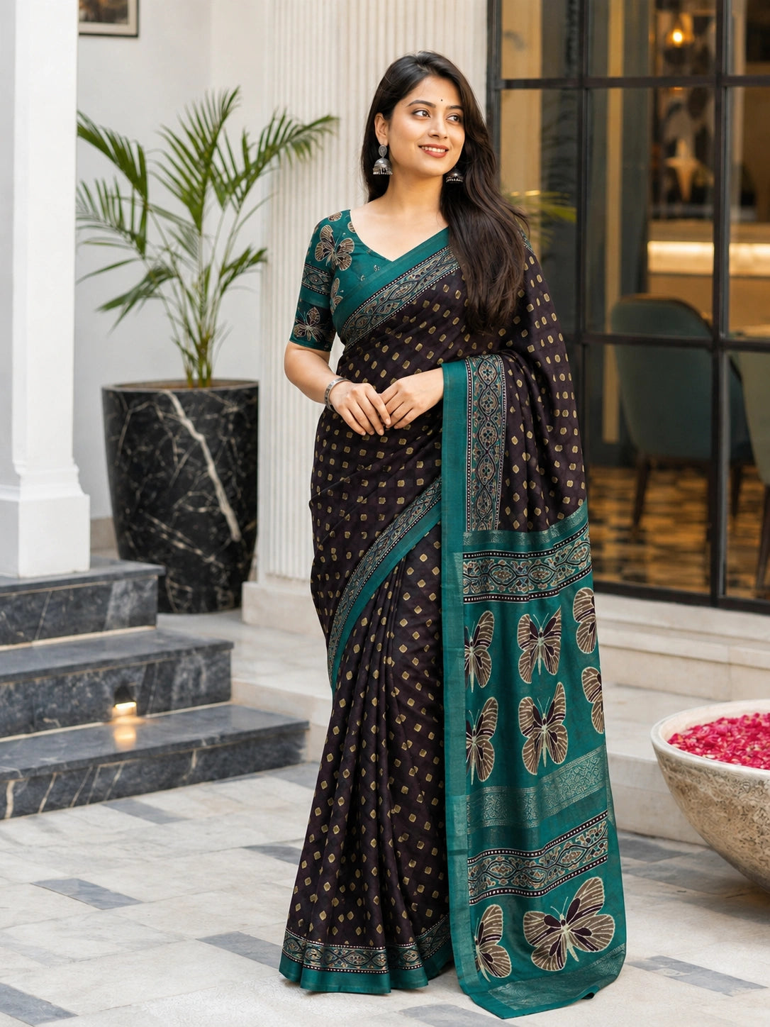 black teal ajrakh saree