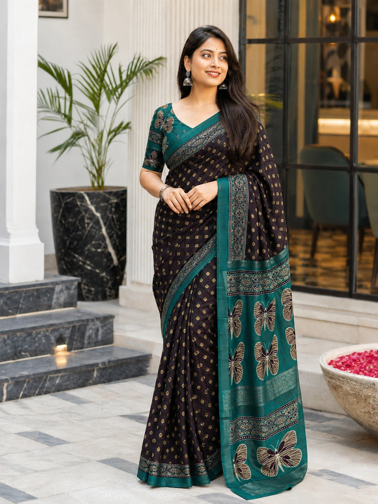 Black Pashmina Ajrakh Saree with Teal Butterfly Pallu