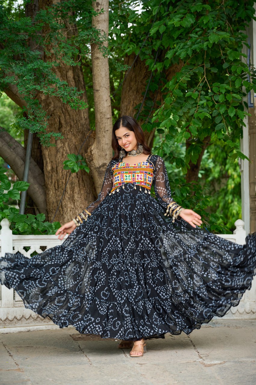 Bandhani Print Faux Georgette Gown with Kutchi Patchwork