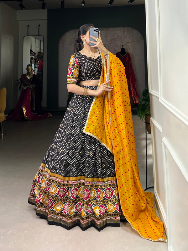 Bandhej & Patola Print Lehenga Choli with Foil Work & Dupatta