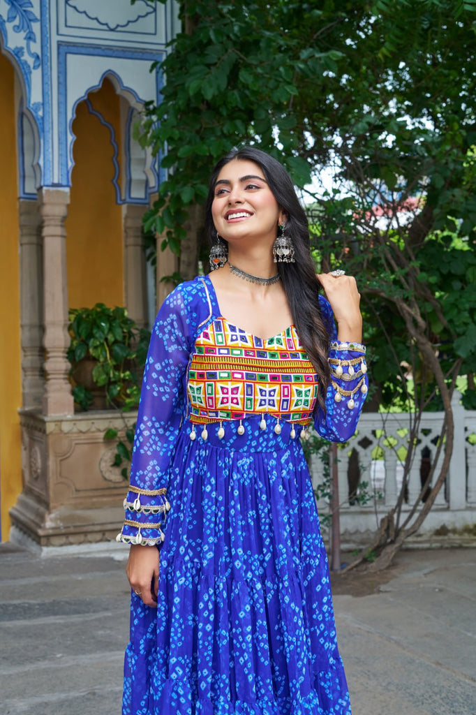 Bandhani Print Faux Georgette Gown with Kutchi Patchwork