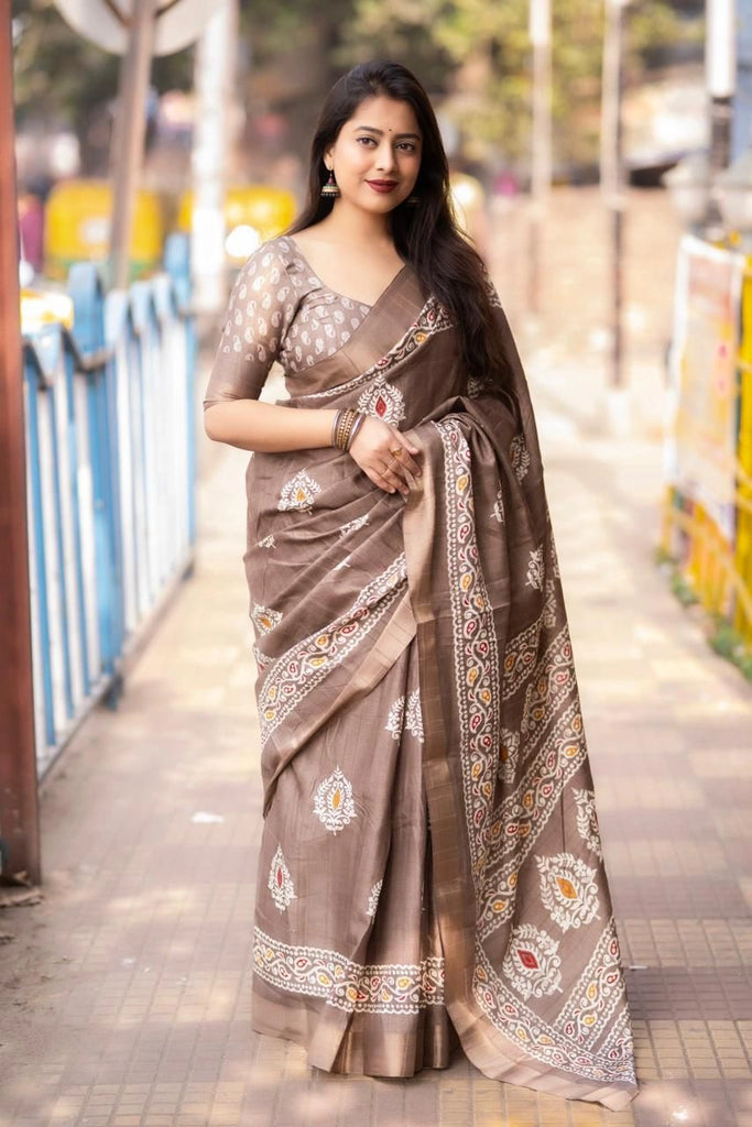 Brown Soft Silk Slub Batik Print Saree