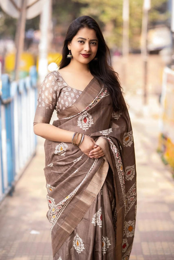 Brown Soft Silk Slub Batik Print Saree