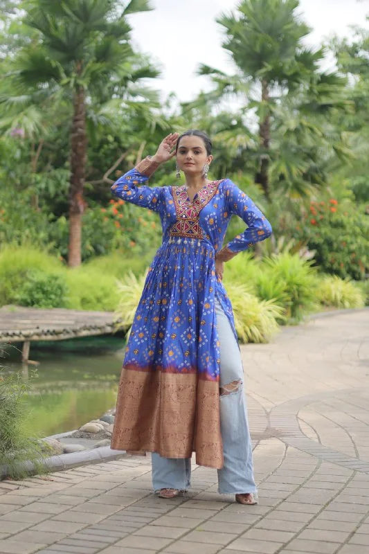 Printed Cotton Kurti with Kutchi Gamthi Lace & Kodi Work