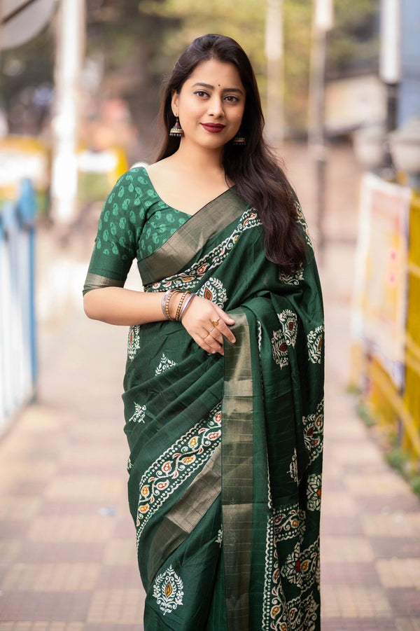 Green Soft Silk Slub Batik Print Saree