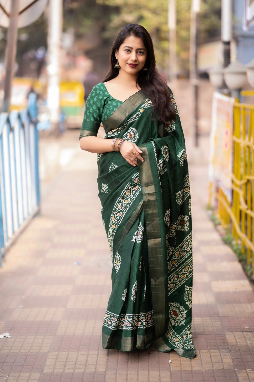 Green Soft Silk Slub Batik Print Saree