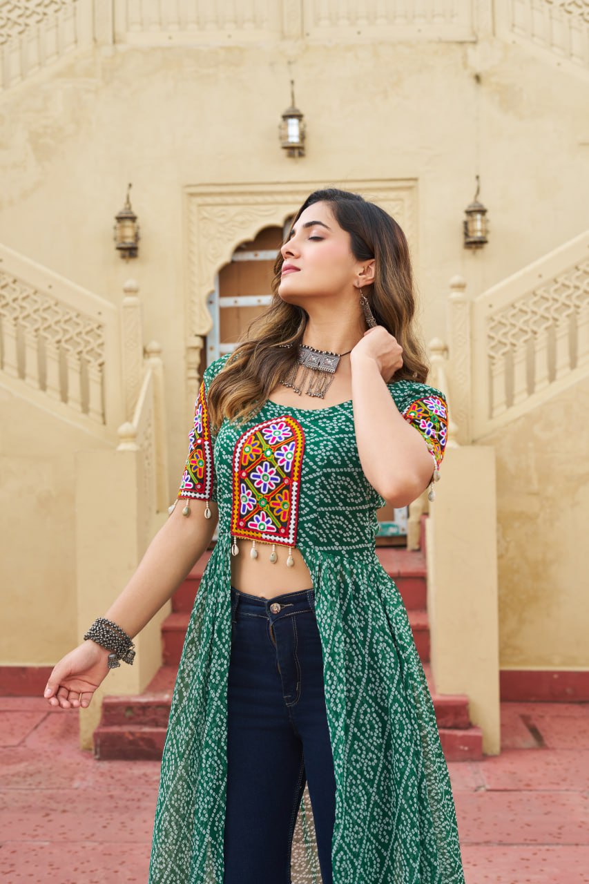 Premium Front Open Long Kurti – Bandhani Print with Kutchi Patchwork