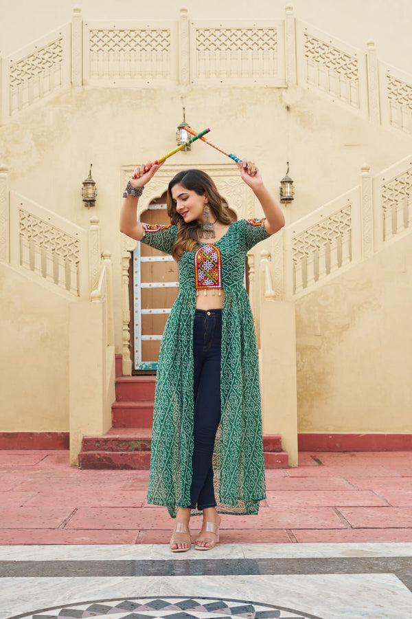 Premium Front Open Long Kurti – Bandhani Print with Kutchi Patchwork