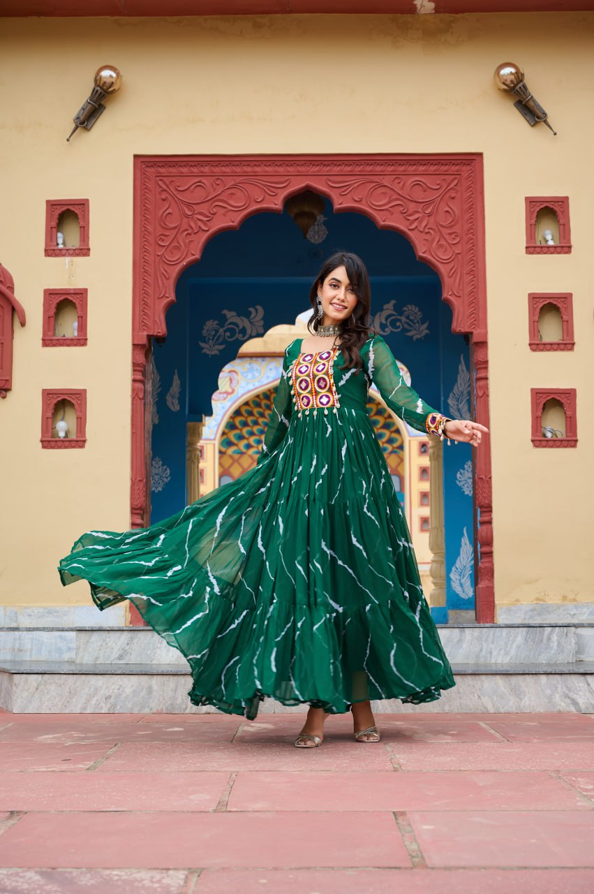 Laheriya Print Faux Georgette Gown with Kutchi Patchwork