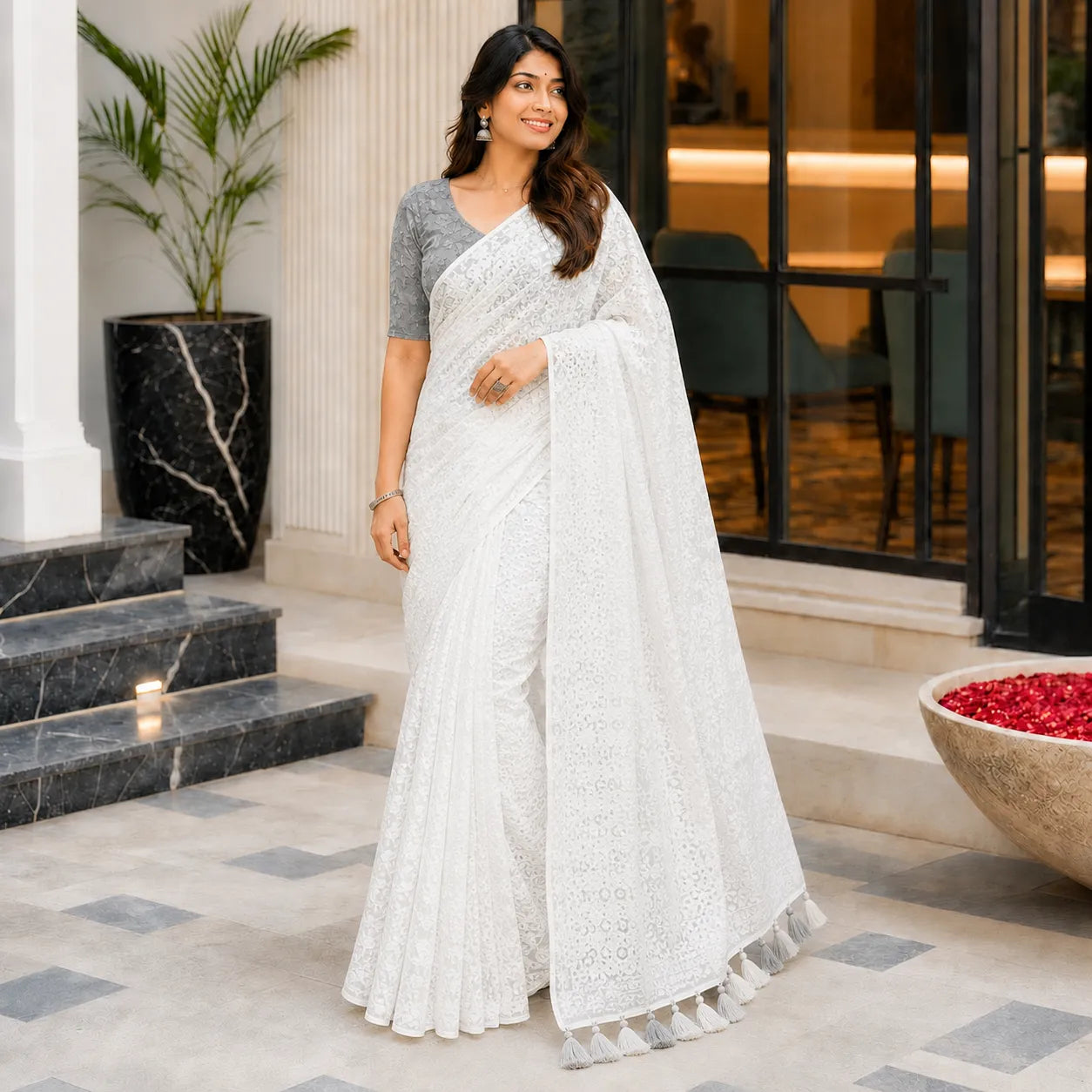 White Floral Lucknowi Georgette Saree with Grey Blouse